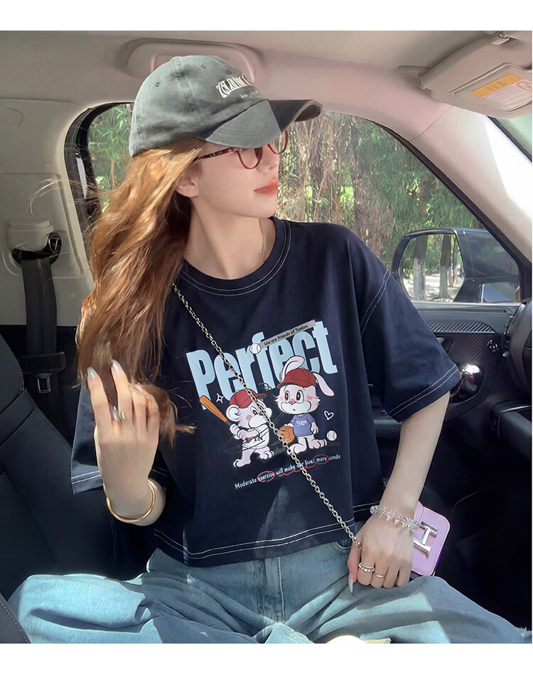 TonLion 2026 Summer Women's Patterned Mid-Short Sleeve Cropped Casual Versatile High-End Fashion Youthful T-Shirt 7