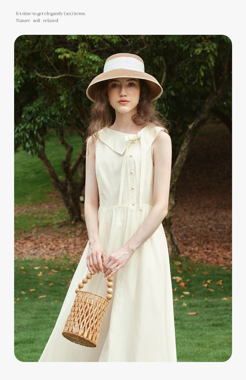 Olrain Eurielle Summer Women's Tencel Cotton Dress Lapel Waist Slimming Elegant Sleeveless Mid-Length Dress Apricot S 7