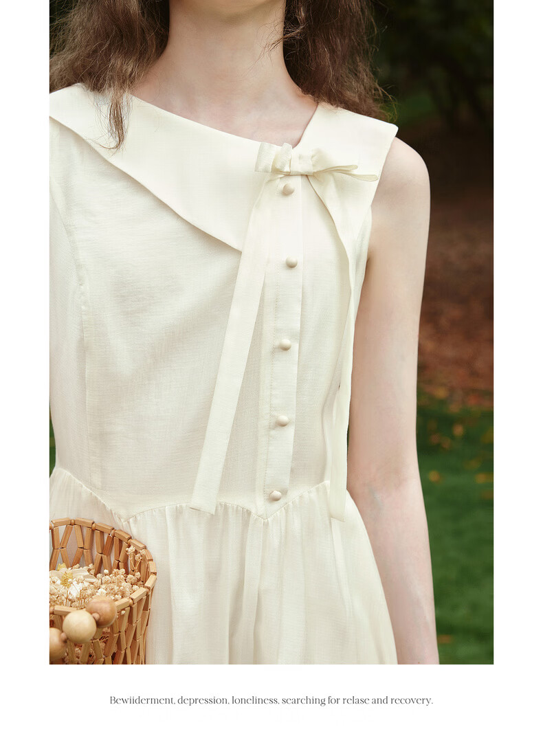 Olrain Eurielle Summer Women's Tencel Cotton Dress Lapel Waist Slimming Elegant Sleeveless Mid-Length Dress Apricot S 14
