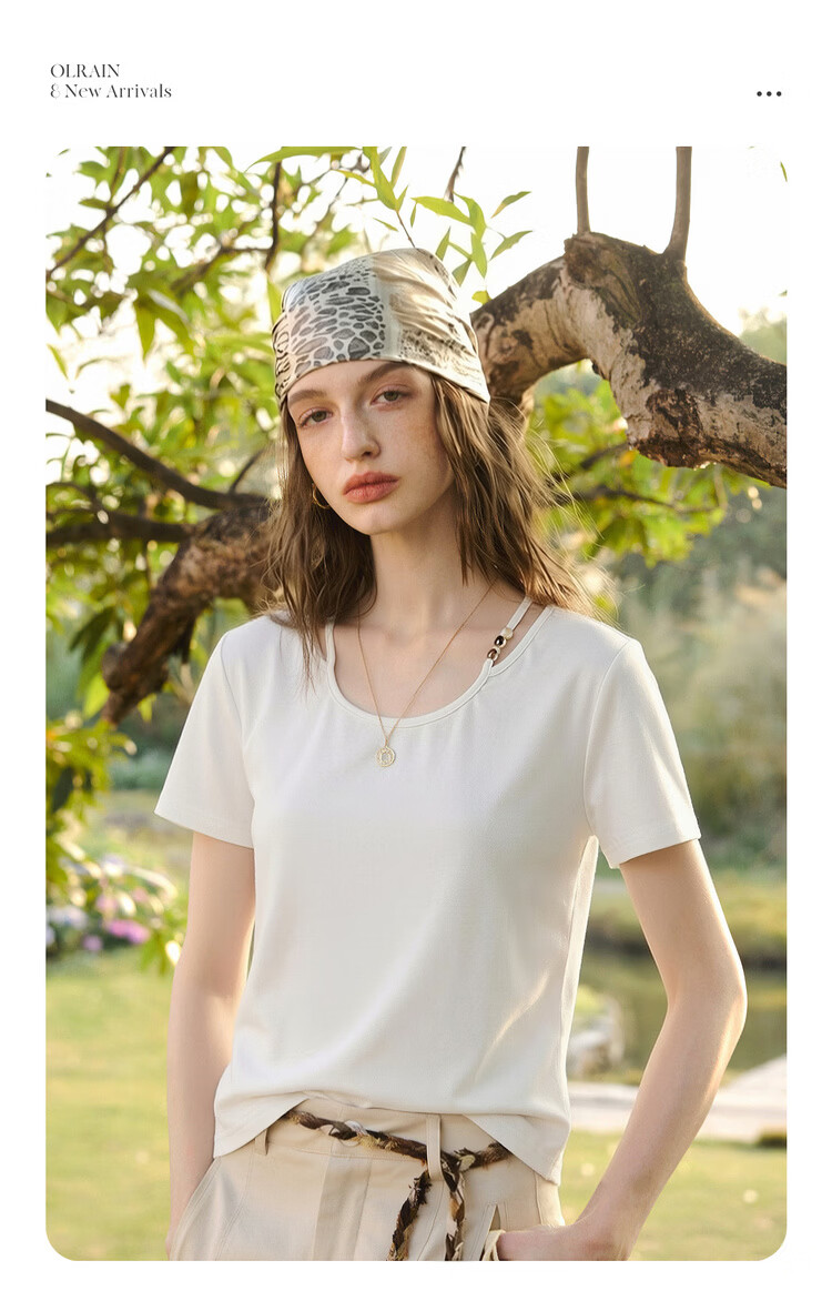Olrain Eurier Round Neck Beaded Fitted Short Sleeve T-Shirt Women's Summer New Casual Trendy Top Brown S 2