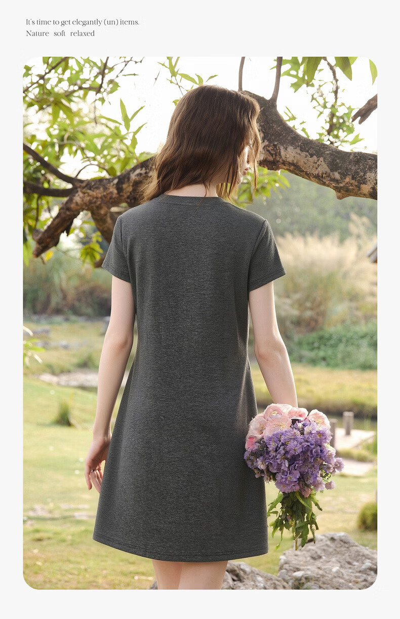 Olrain Knot Waist Slimming Dress Women's Summer Round Neck Fashion Versatile Short Sleeve Dress Gray M 7