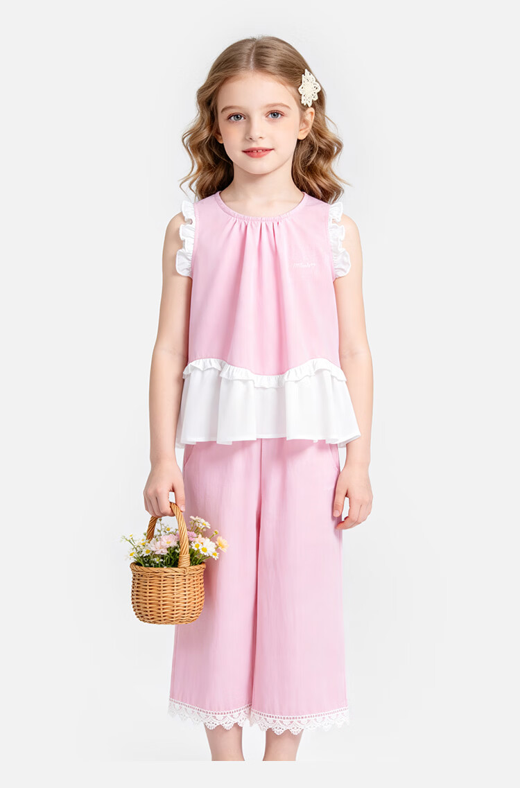 Disney Girls' Sleeveless Ruffle Edge Set Summer Ruffled Wide-Leg Pants Two-Piece Spliced Vest Blue 140 15