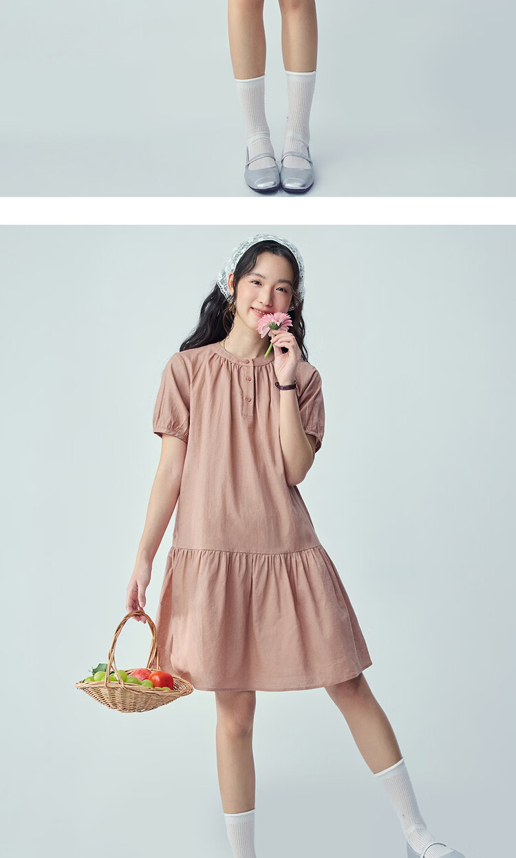 Giordano Women's Summer New Cotton Linen Pleated Round Neck Loose Puff Sleeve Dress 05466070 17