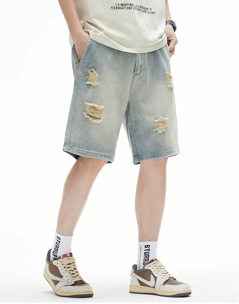 JEEP SPIRIT Men's Trendy Ripped Denim Shorts Vintage Washed American Style Casual Five-Point Pants 12