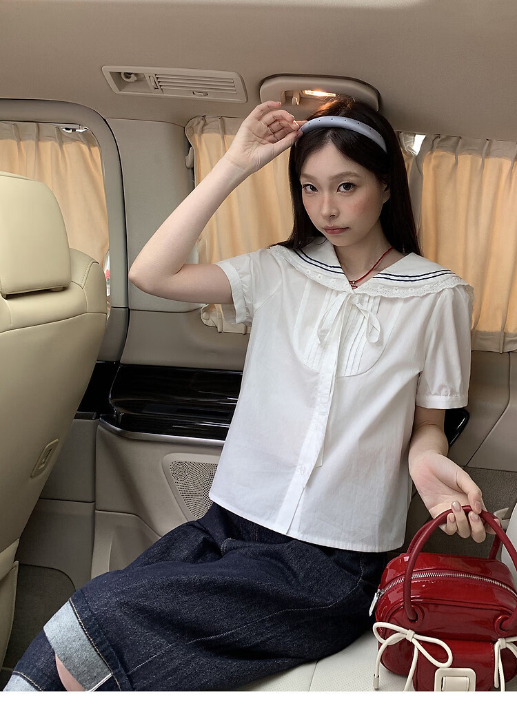 TonLion 2026 Summer Women's Short Sleeve Shirt College Style Youthful Simple Design Navy Collar Short Sleeve Shirt 13