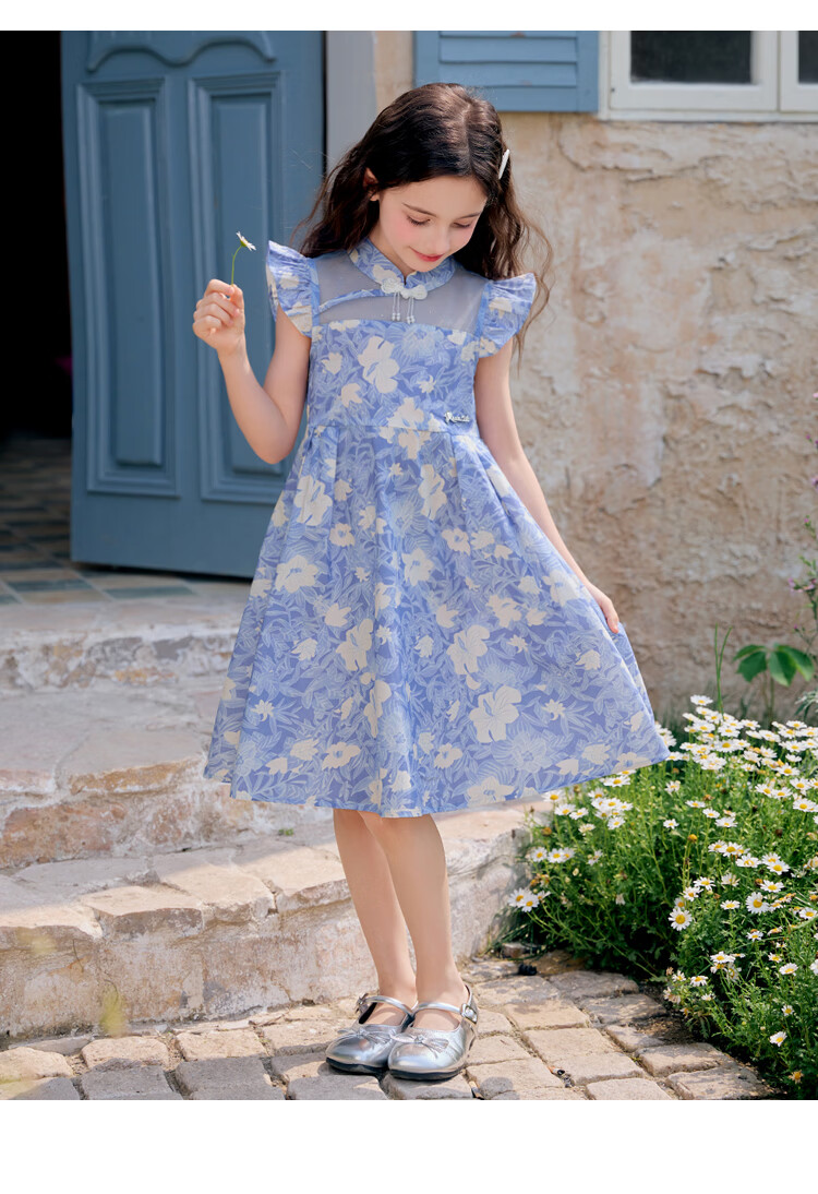 Disney Girls Summer Thin Flutter Sleeve Princess Dress 2026 New Chinese Style Floral Dress for Girls 12