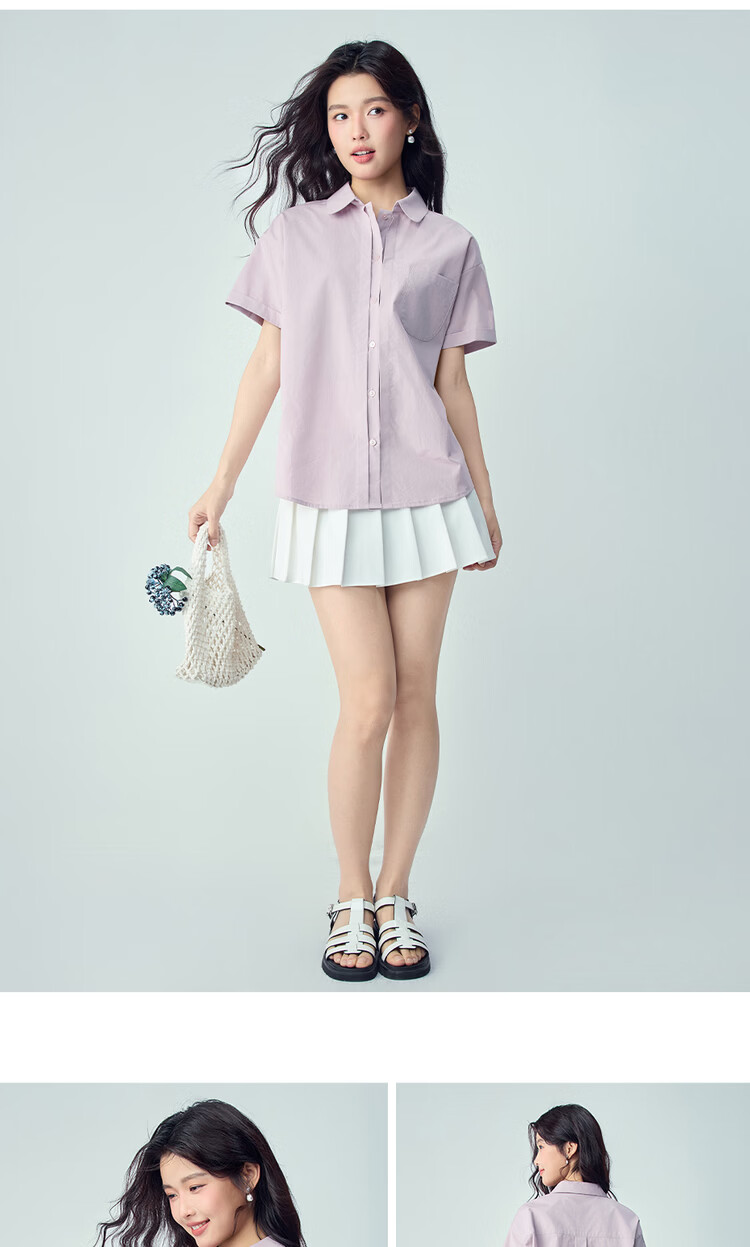 Giordano Women's Commuter Shirt 2026 Summer Pure Cotton Loose Pleated Single Pocket Short Sleeve Shirt 13346217 14