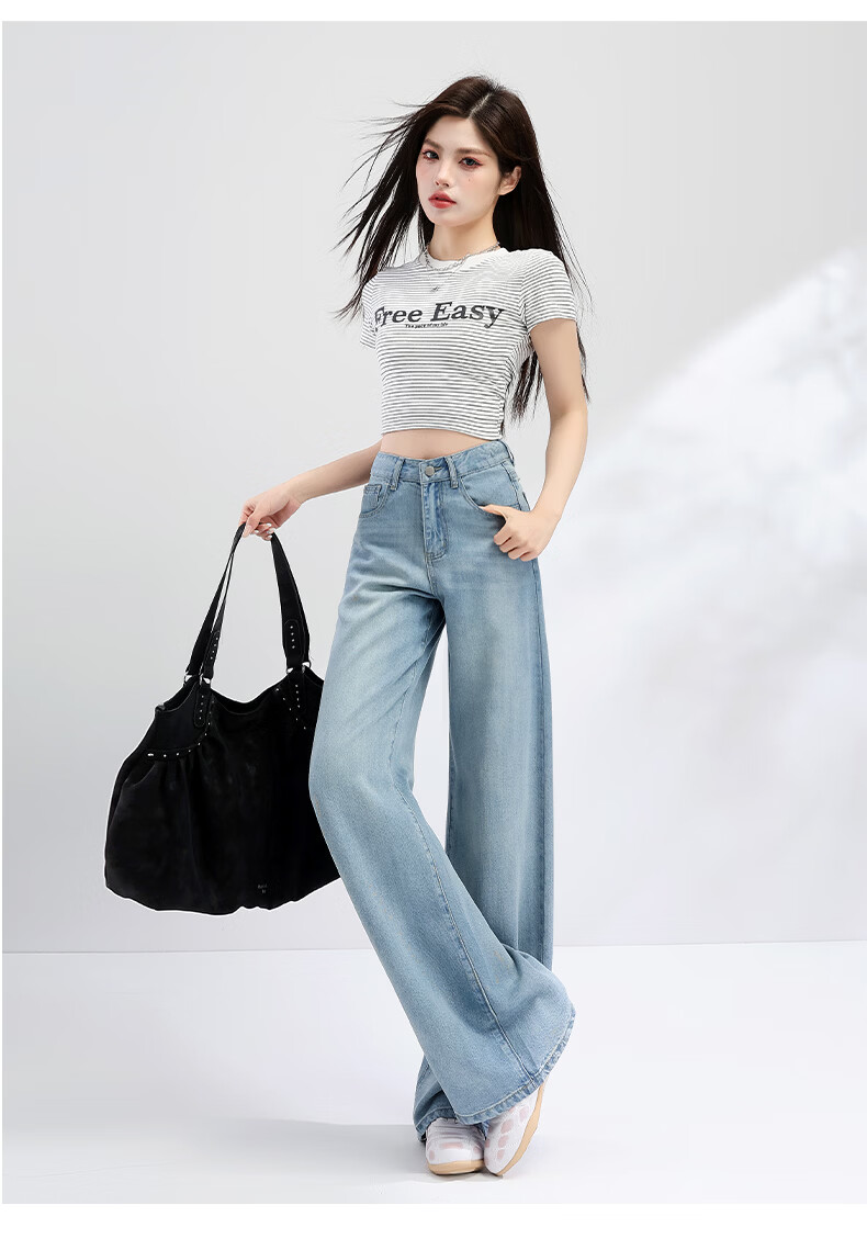 Rommon Tencel 100% Lyocell Denim Jeans Women Summer Draped Loose Ice Silk Slim Wide-Leg Pants Light Blue L 15