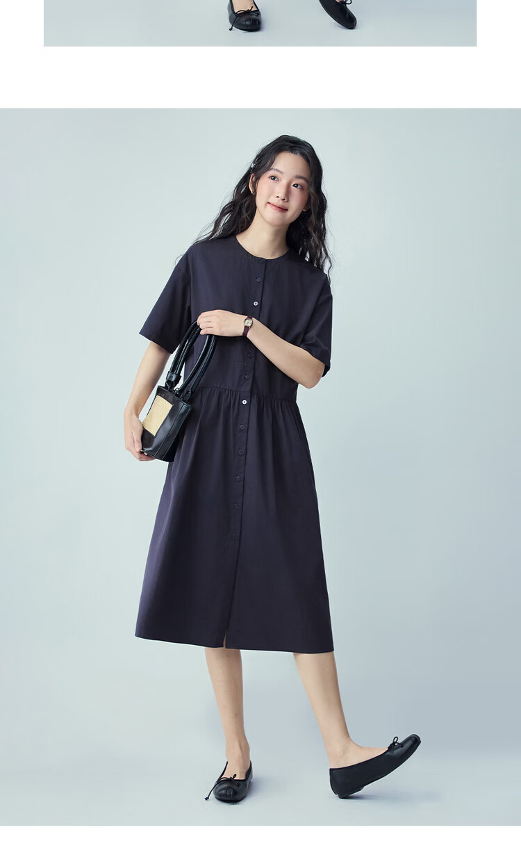 Giordano Women's Short Sleeve Dress 2026 Summer Pure Cotton Solid Color Patchwork Pleated Round Neck Dress 13466230 16