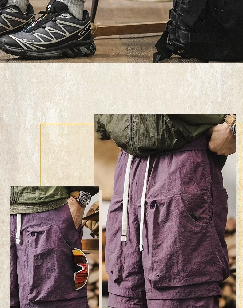 ROMON Men's Outdoor Functional Waterproof Quick-Dry Cargo Shorts Summer Cool Trendy Fake Two-Piece Mountain Casual Knee-Length Pants 19