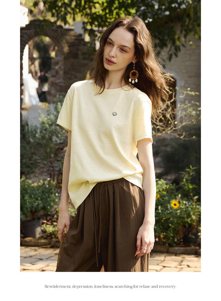 Olrain Simple Casual Embroidered Short Sleeve T-Shirt Women Summer New Loose Versatile Slim Top Yellow XL 20
