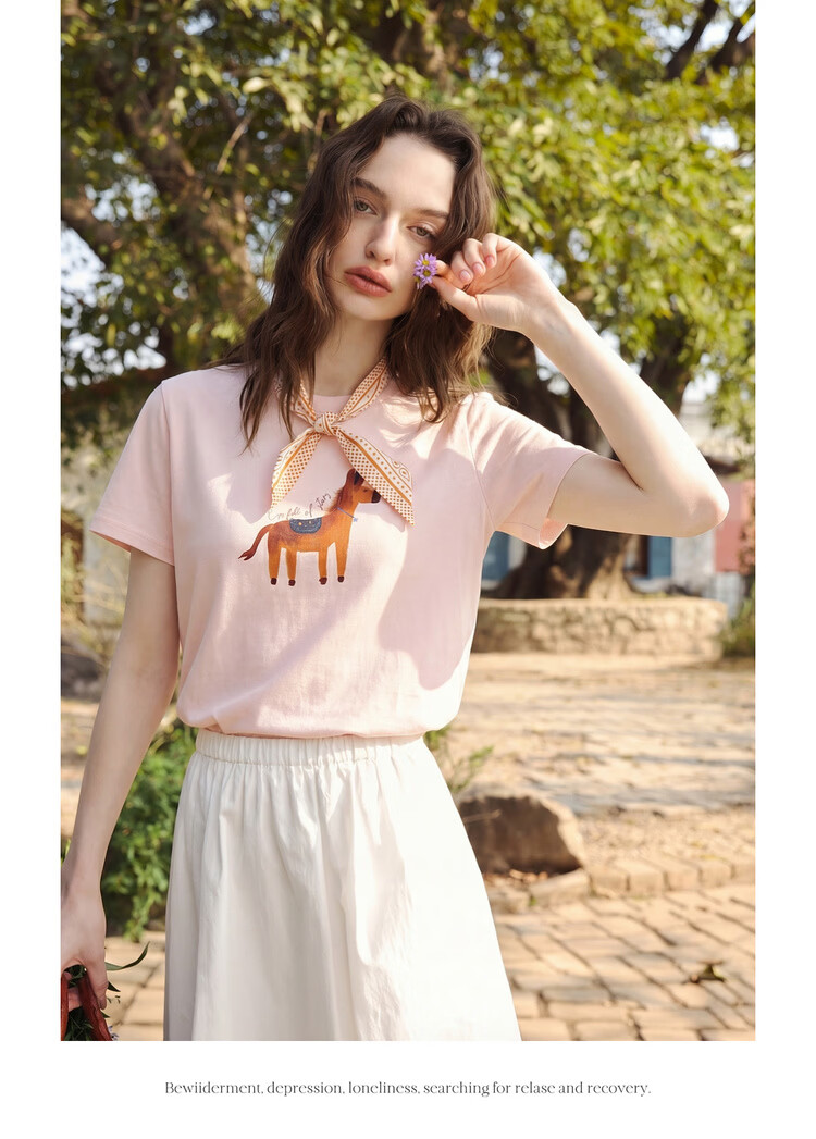 Olrain Eurielle French Style Printed Silk Scarf Short Sleeve T-Shirt Women's Summer Casual Commuting Trendy Top Beige S 11
