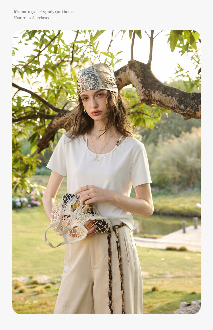 Olrain Eurier Round Neck Beaded Fitted Short Sleeve T-Shirt Women's Summer New Casual Trendy Top Brown S 7