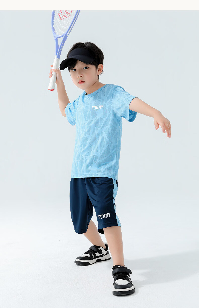 Zuoxi Boys' Summer Outfit Set, 2026 New Style Children's Short-Sleeve Set, Quick-Dry Sports Two-Piece Suit for Summer, Blue, Size 160 40
