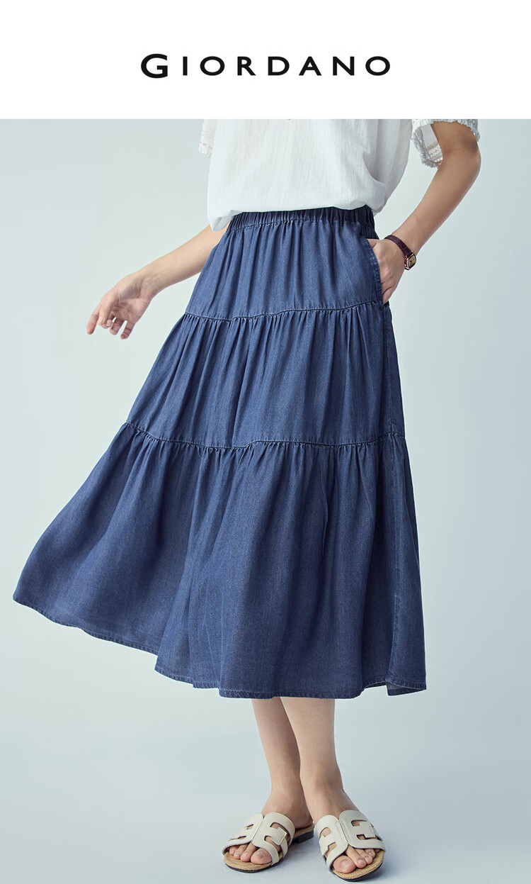 Giordano Women's Skirt 2026 Summer Lyocell Denim Cake Skirt Elastic Waist Mid-Length Skirt 13466220 3