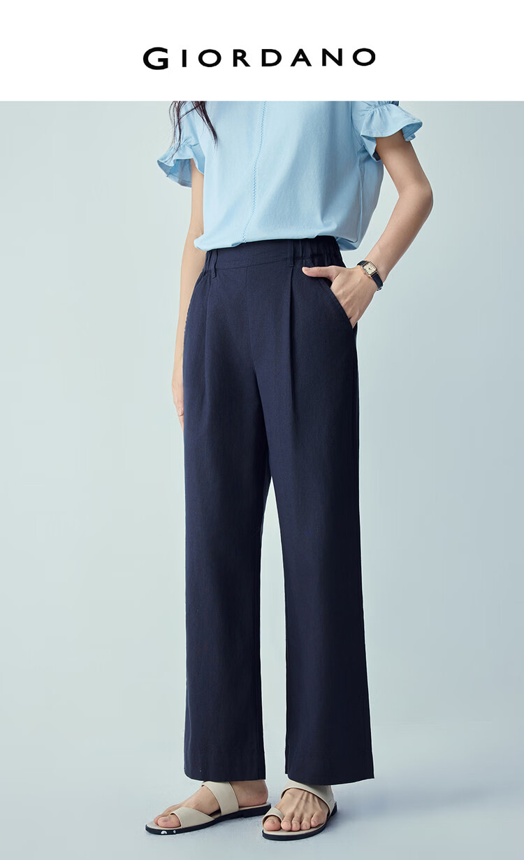 Giordano Women's Linen Pants 2026 Summer Cotton Linen Pleated Semi-Elastic Waist Cropped Casual Pants 05426337 3