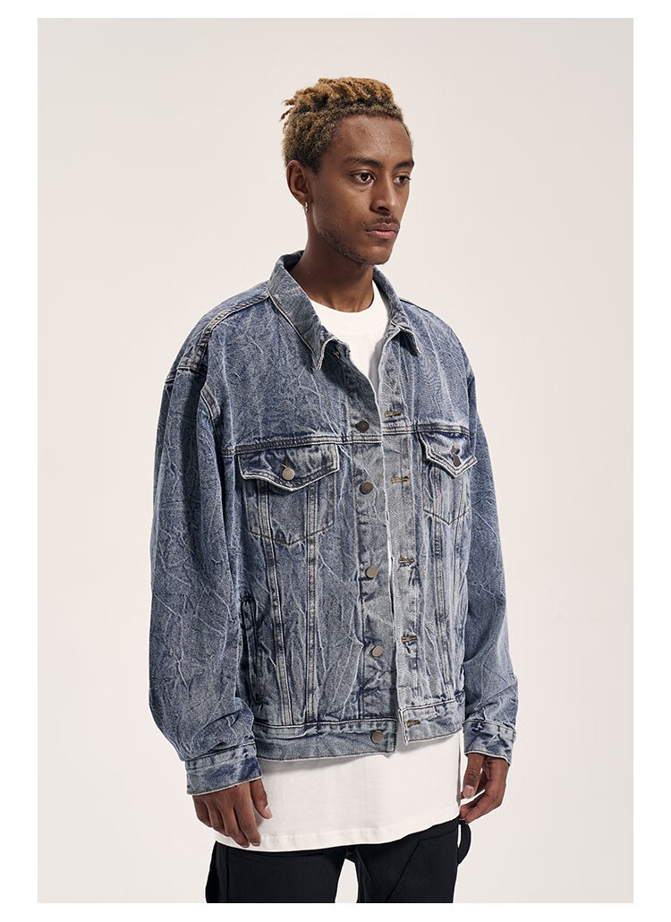 福神冬高街水波纹水洗做旧压纹休闲宽松牛仔夹克潮牛仔衣秋外套男