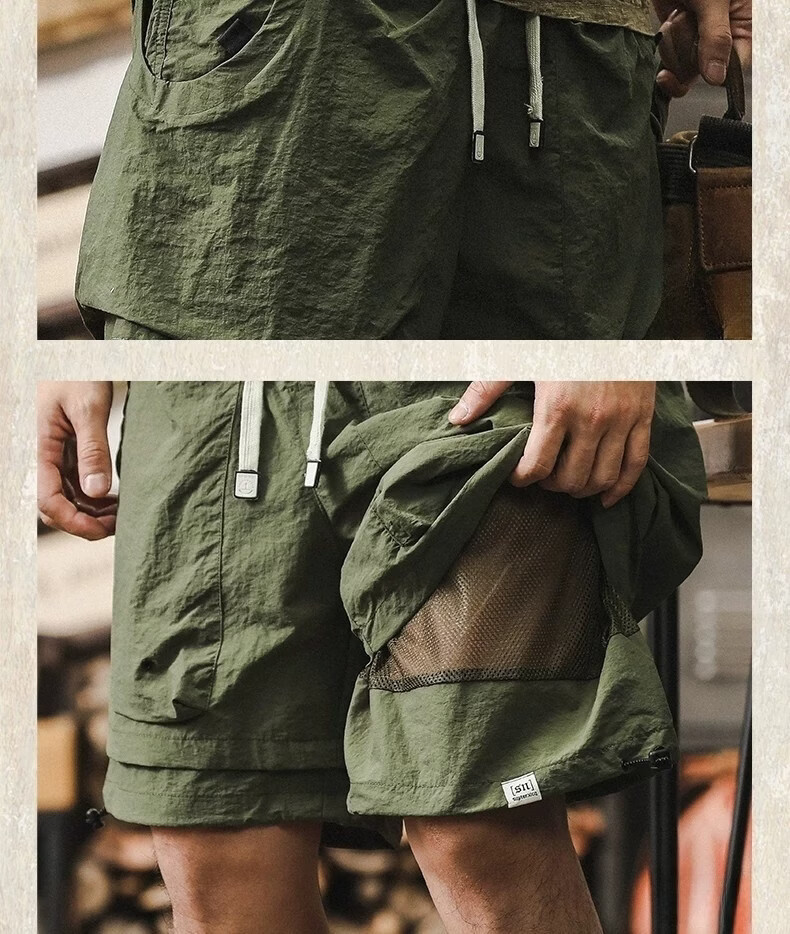 ROMON Men's Outdoor Functional Waterproof Quick-Dry Cargo Shorts Summer Cool Trendy Fake Two-Piece Mountain Casual Knee-Length Pants 26