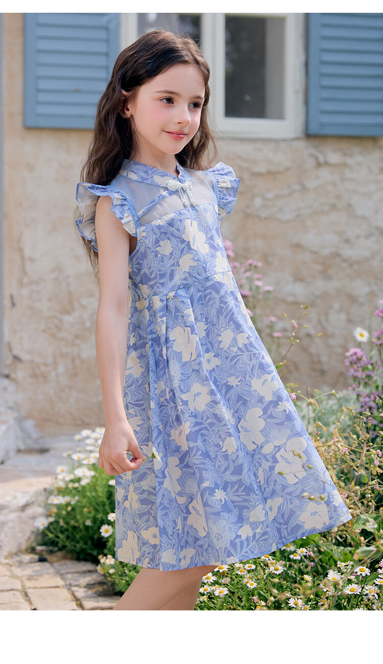 Disney Girls Summer Thin Flutter Sleeve Princess Dress 2026 New Chinese Style Floral Dress for Girls 16