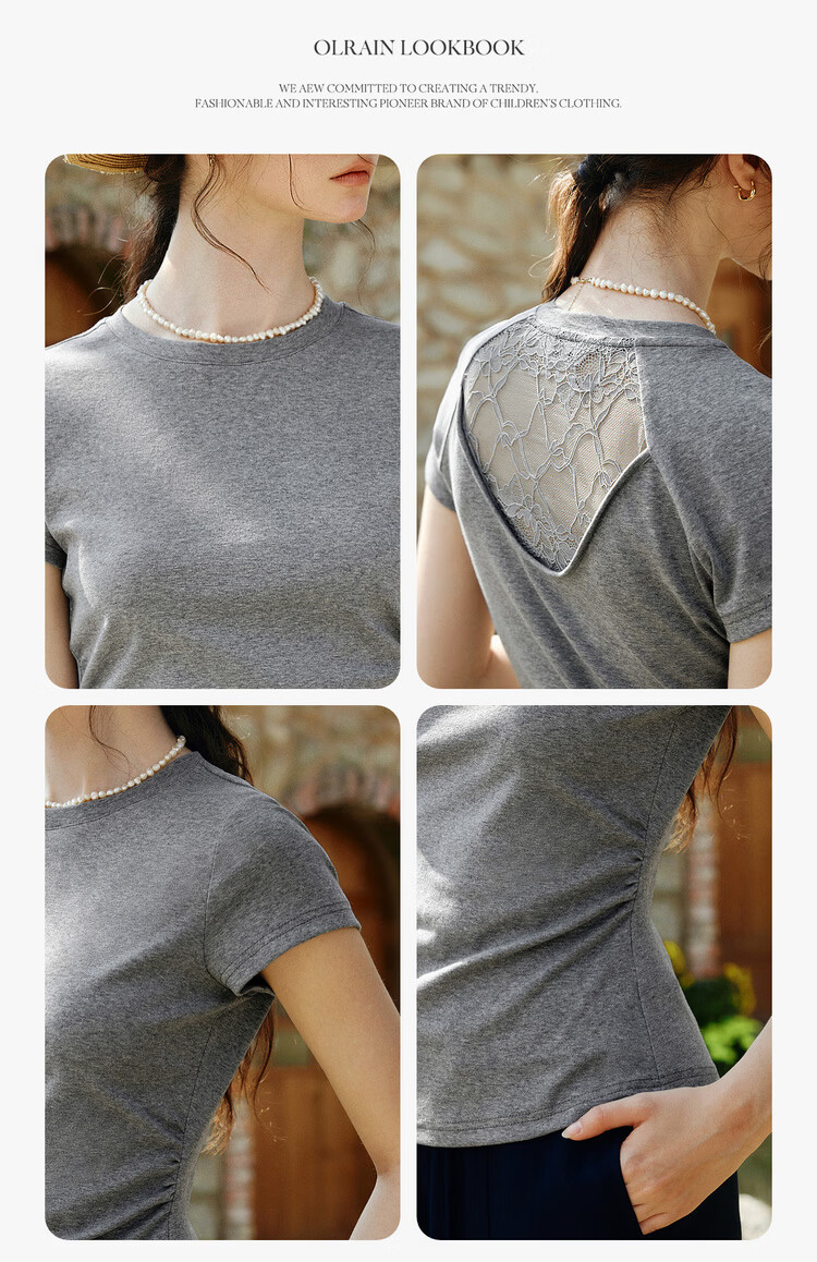 Olrain Eurielle New Summer Slim Fit Waist Round Neck Casual Cotton Knit Short Sleeve T-Shirt for Women Gray M 6
