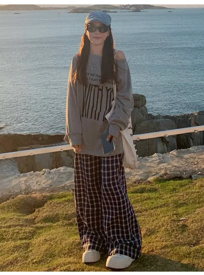 Borui Zhao Lusi Style Bubble Gauze Plaid Wide-Leg Summer Breathable Casual Straight Pants for Women 16
