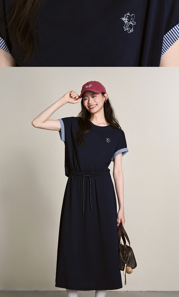 Giordano [Tom and Jerry Collaboration] Women's Embroidered Cotton Faux Two-Piece Waist-Cinched Crew Neck Dress 18466718 17