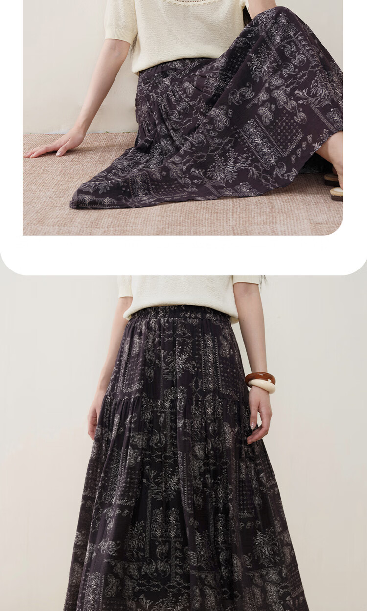 Giordano Designer Women's Vintage Paisley Print Linen Feel Elastic Waist Midi Skirt 18466210 12