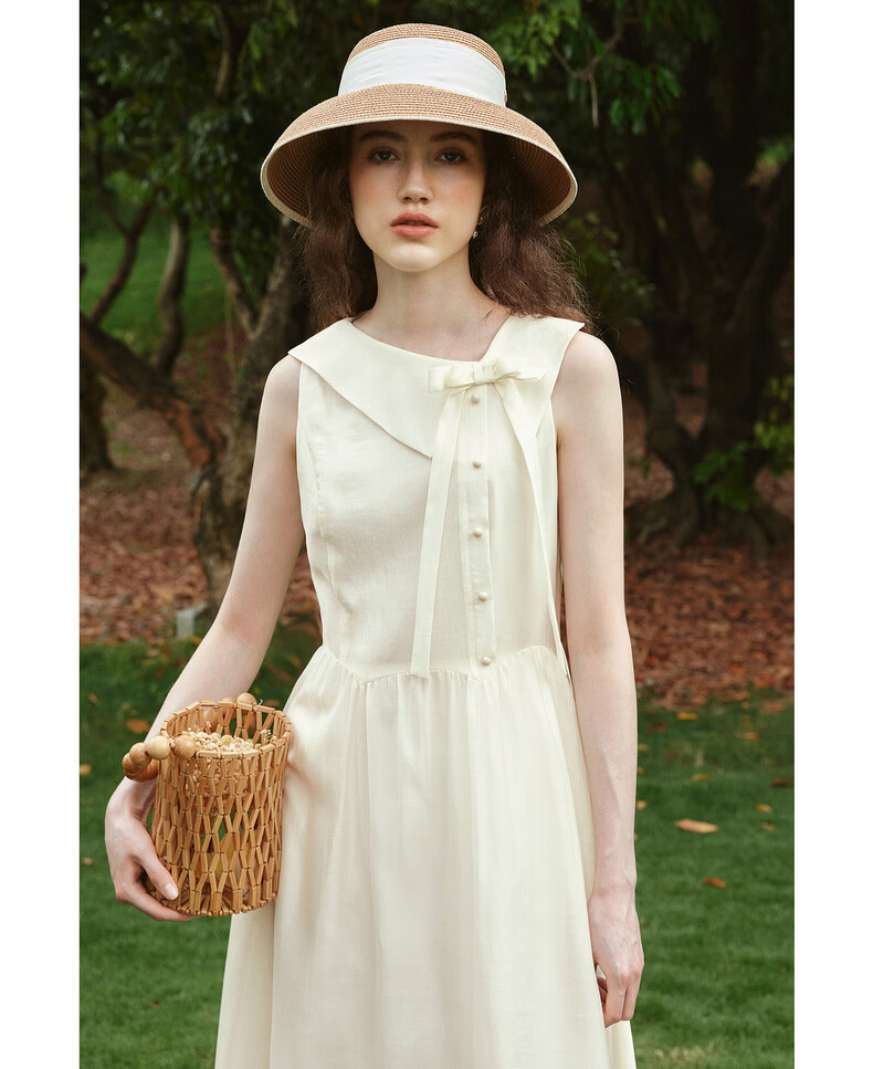 Olrain Eurielle Summer Women's Tencel Cotton Dress Lapel Waist Slimming Elegant Sleeveless Mid-Length Dress Apricot S 13