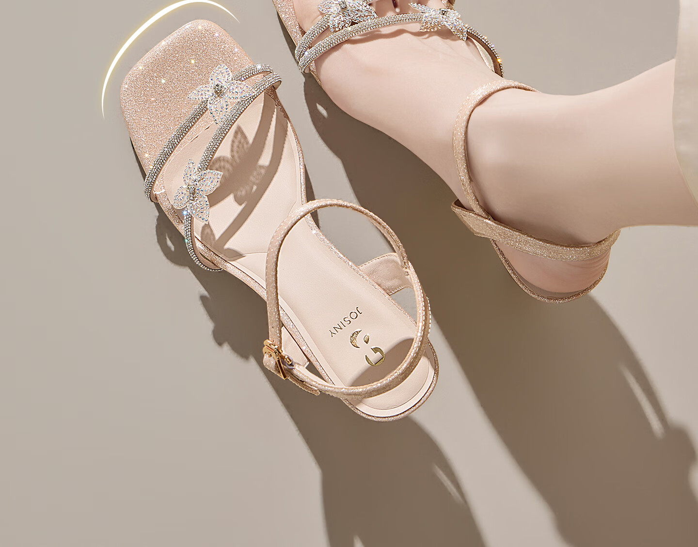 Josiny Women's High Heel Sandals with Rhinestones, Thin Heels, Summer French Style Dress Sandals, Rose Gold, Size 34 5