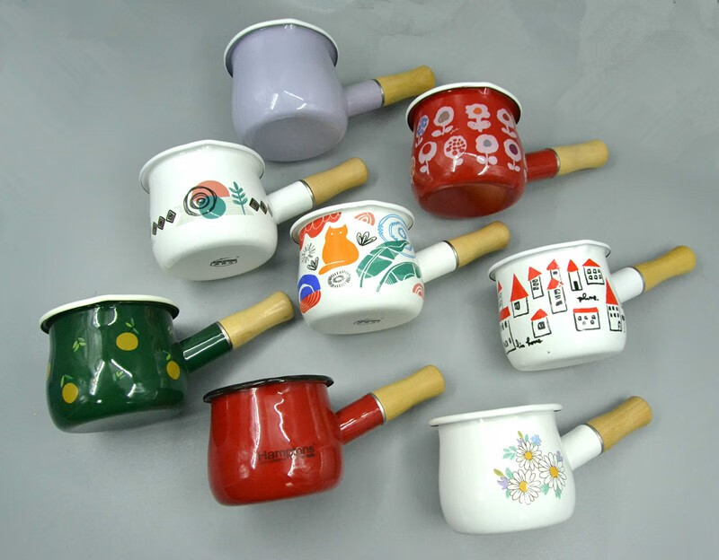 搪瓷小奶锅 迷你小奶锅双嘴单柄日式小号珐琅搪瓷纯色奶锅牛奶火锅店