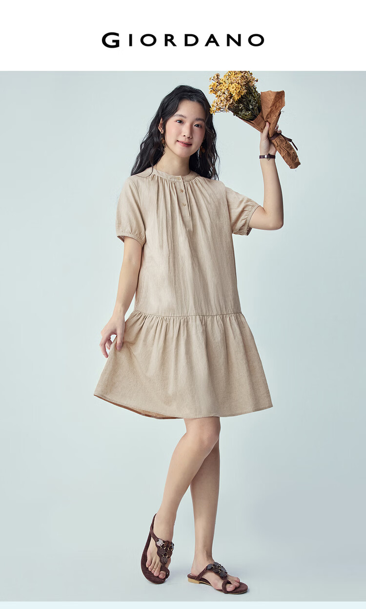 Giordano Women's Summer New Cotton Linen Pleated Round Neck Loose Puff Sleeve Dress 05466070 3