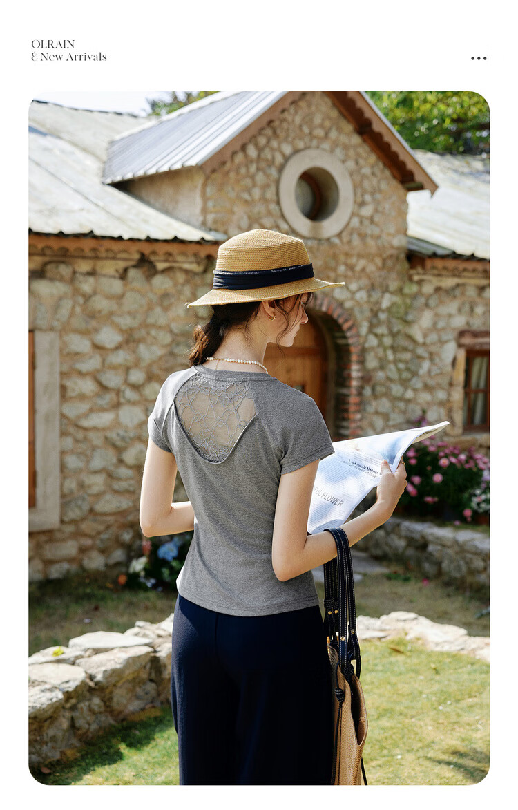 Olrain Eurielle New Summer Slim Fit Waist Round Neck Casual Cotton Knit Short Sleeve T-Shirt for Women Gray M 2