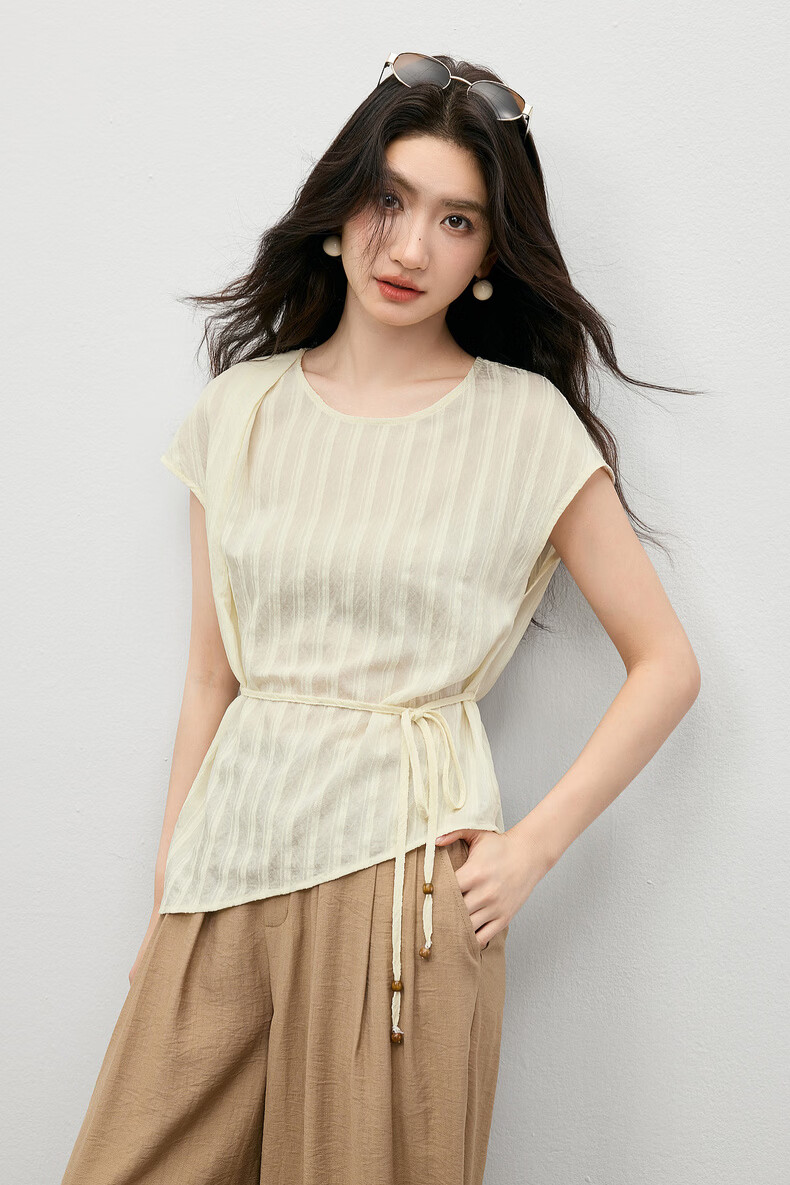 Shangdu Bila Commuter Gentle Style Round Neck T-Shirt Women Summer Vertical Jacquard Textured Loose Slim Pleated Casual Top 11