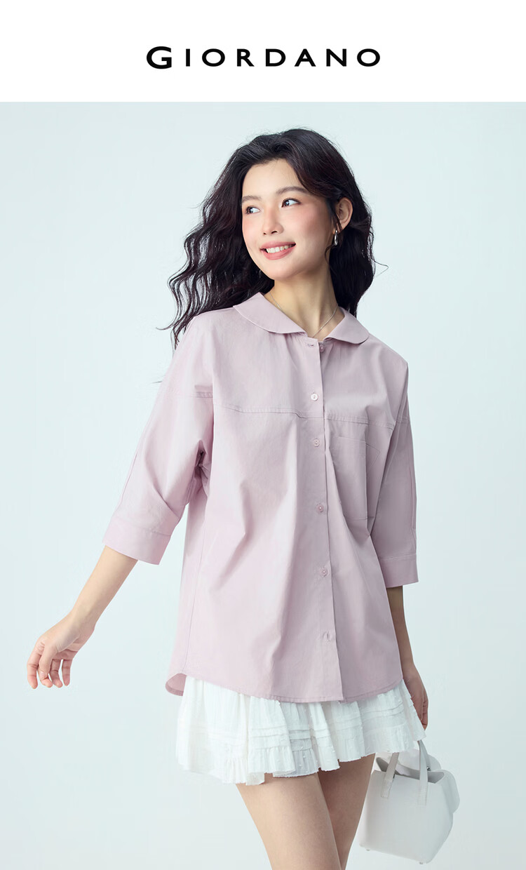 Giordano Women's Skin-Friendly Breathable Cotton Pocket Loose Doll Collar Three-Quarter Sleeve Casual Shirt 13346210 3