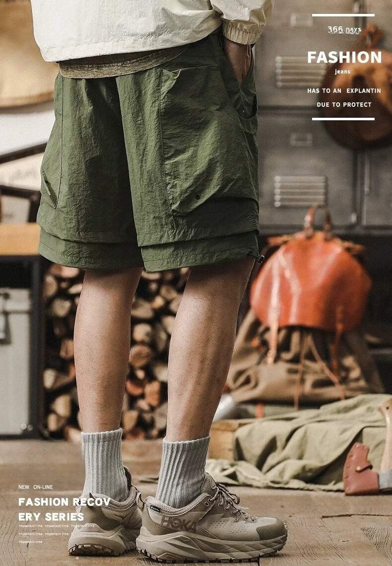 ROMON Men's Outdoor Functional Waterproof Quick-Dry Cargo Shorts Summer Cool Trendy Fake Two-Piece Mountain Casual Knee-Length Pants 2