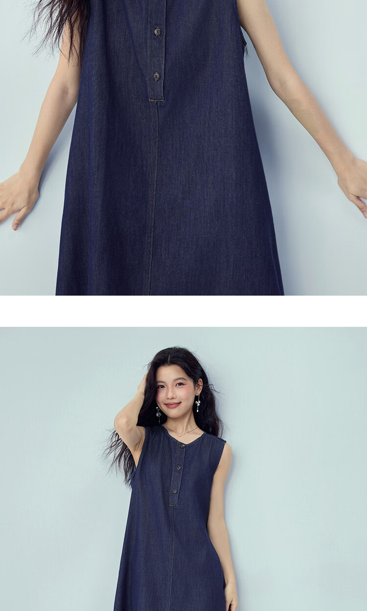 Giordano Women's Sleeveless Dress New Washed Stitching Round Neck Half-Placket Denim Vest Dress 13466278 14
