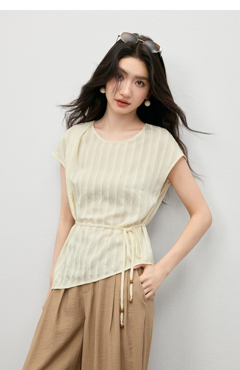 Shangdu Bila Commuter Gentle Style Round Neck T-Shirt Women Summer Vertical Jacquard Textured Loose Slim Pleated Casual Top 23