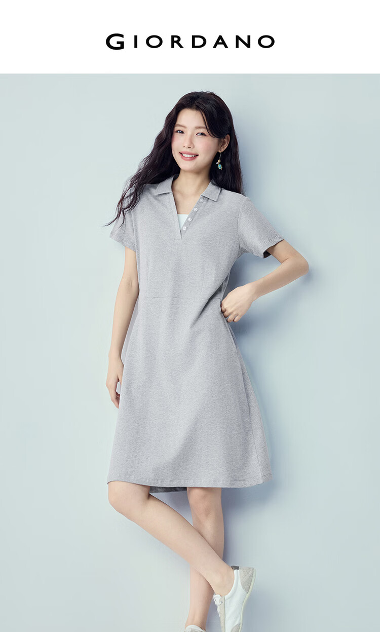 Giordano Women's Short Sleeve Dress Pure Cotton Knit Sweatshirt Dress Color Block Faux Two-Piece Polo Collar Dress 05466470 3