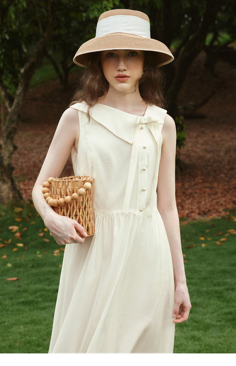 Olrain Eurielle Summer Women's Tencel Cotton Dress Lapel Waist Slimming Elegant Sleeveless Mid-Length Dress Apricot S 15