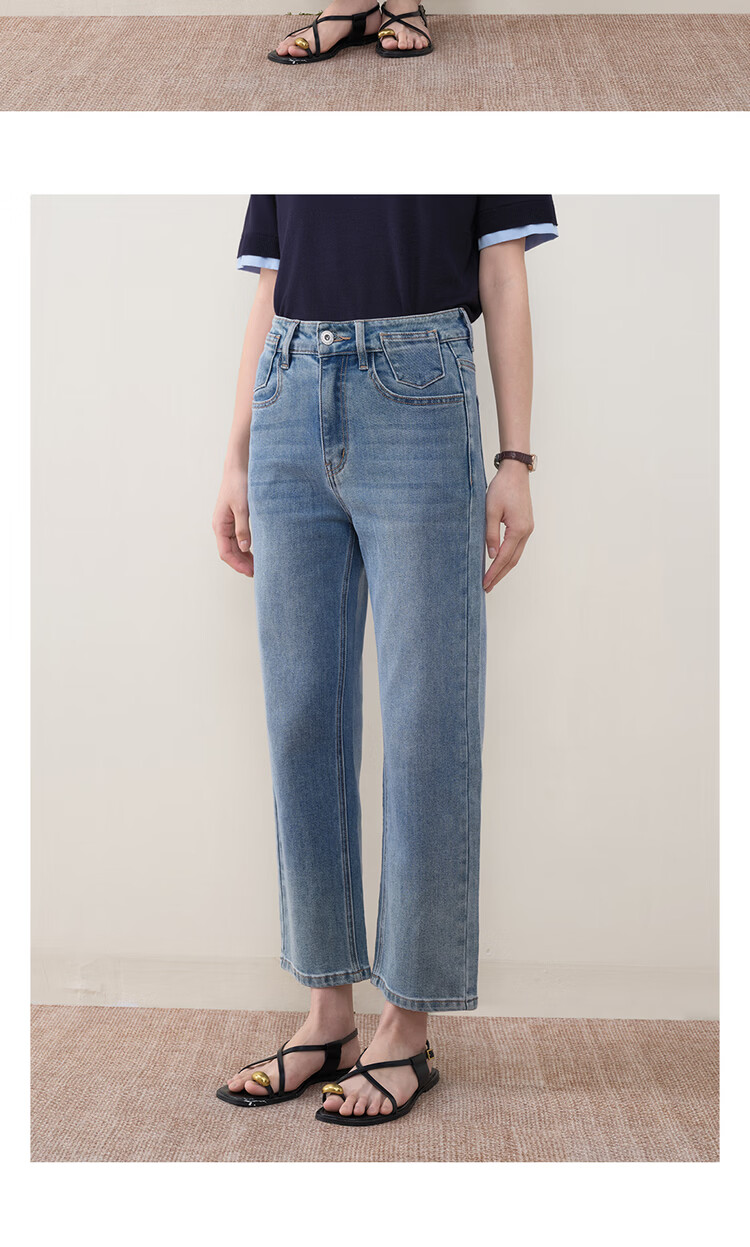 Giordano Designer Women's Washed Multi-Pocket Slim Fit Slightly Stretchy Cropped Straight-Leg Jeans 18426505 10