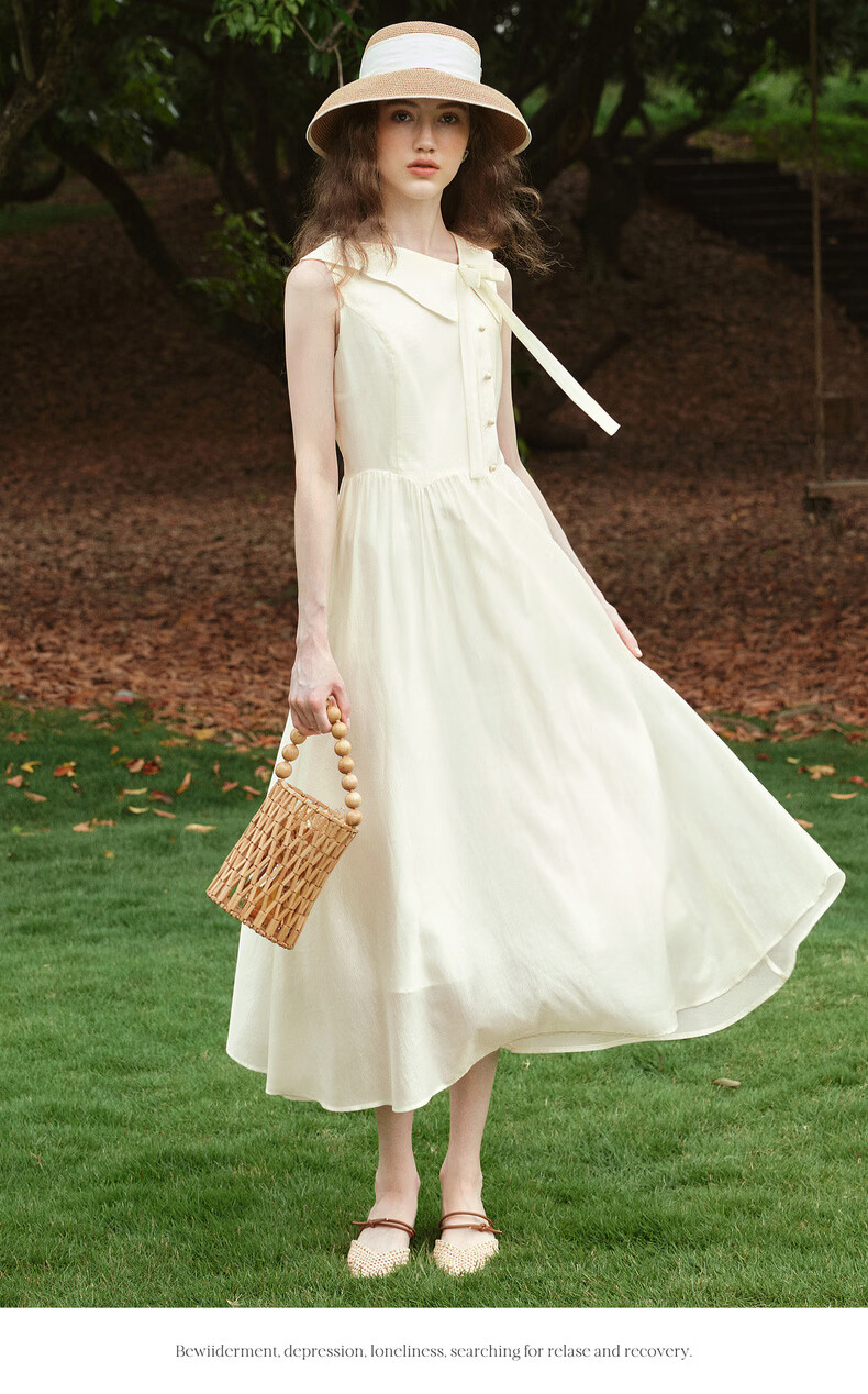 Olrain Eurielle Summer Women's Tencel Cotton Dress Lapel Waist Slimming Elegant Sleeveless Mid-Length Dress Apricot S 9