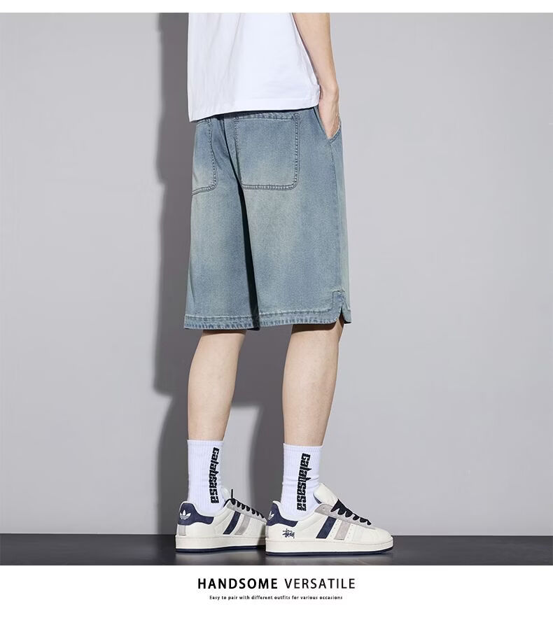 ROMON Tencel Denim Shorts Men Summer Thin Loose Straight Ice Silk Five-Point Pants Vintage Blue L 10