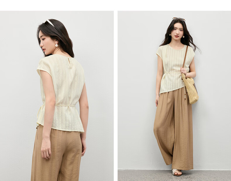 Shangdu Bila Commuter Gentle Style Round Neck T-Shirt Women Summer Vertical Jacquard Textured Loose Slim Pleated Casual Top 21