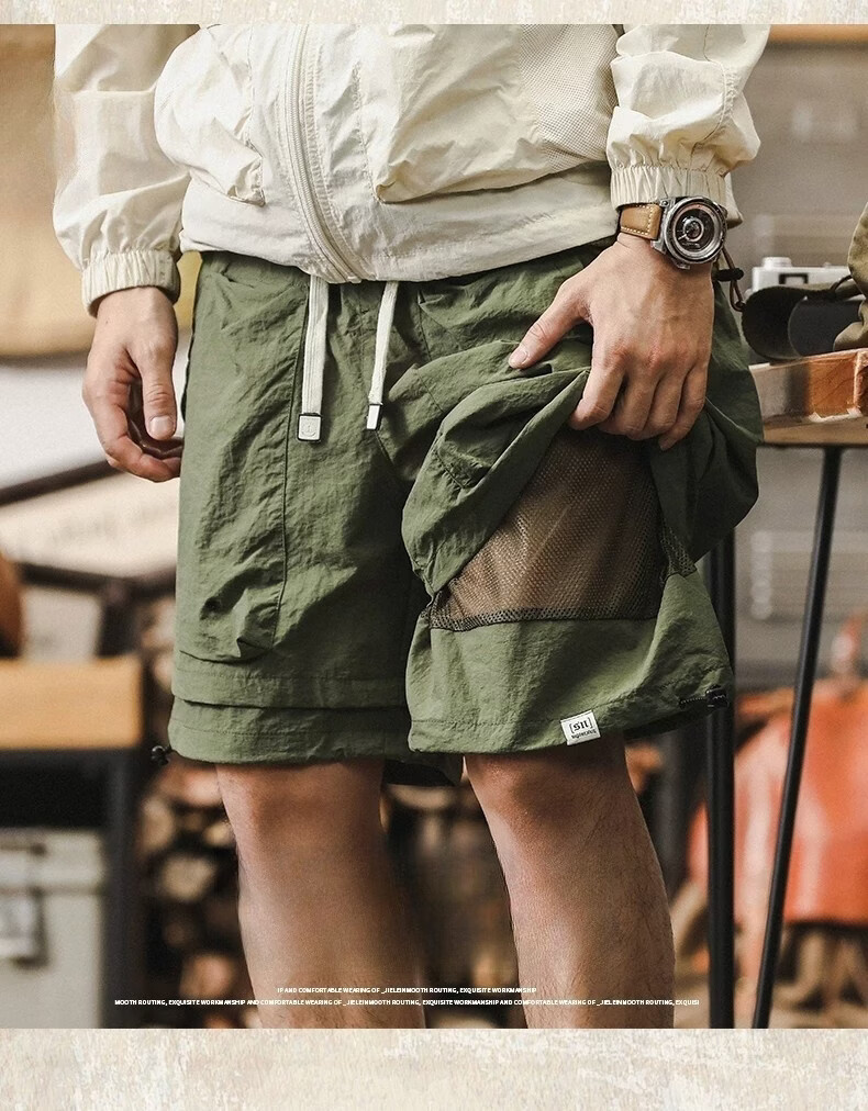 ROMON Men's Outdoor Functional Waterproof Quick-Dry Cargo Shorts Summer Cool Trendy Fake Two-Piece Mountain Casual Knee-Length Pants 1