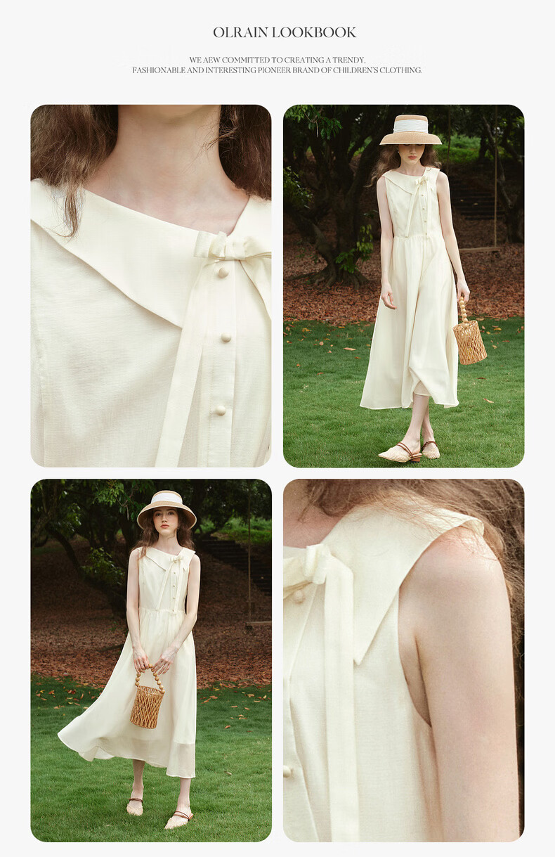 Olrain Eurielle Summer Women's Tencel Cotton Dress Lapel Waist Slimming Elegant Sleeveless Mid-Length Dress Apricot S 6
