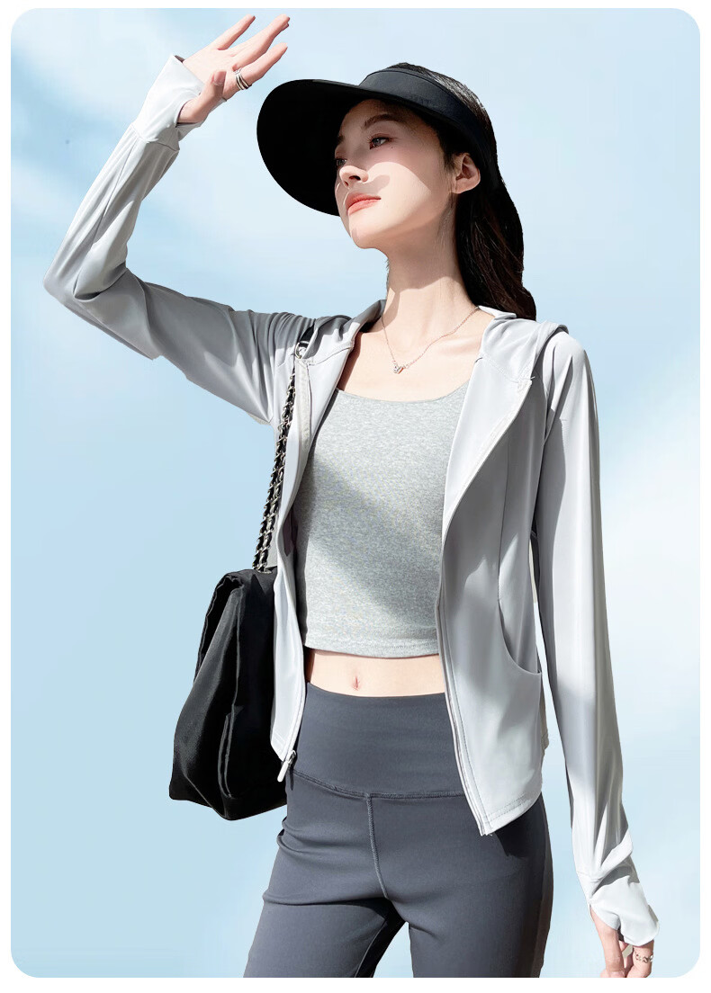 Langsha Women's Pocket Sunscreen Jacket Ice Silk Summer Slim Fit UV Protection Outdoor Hooded Cardigan Sunscreen Coat 27