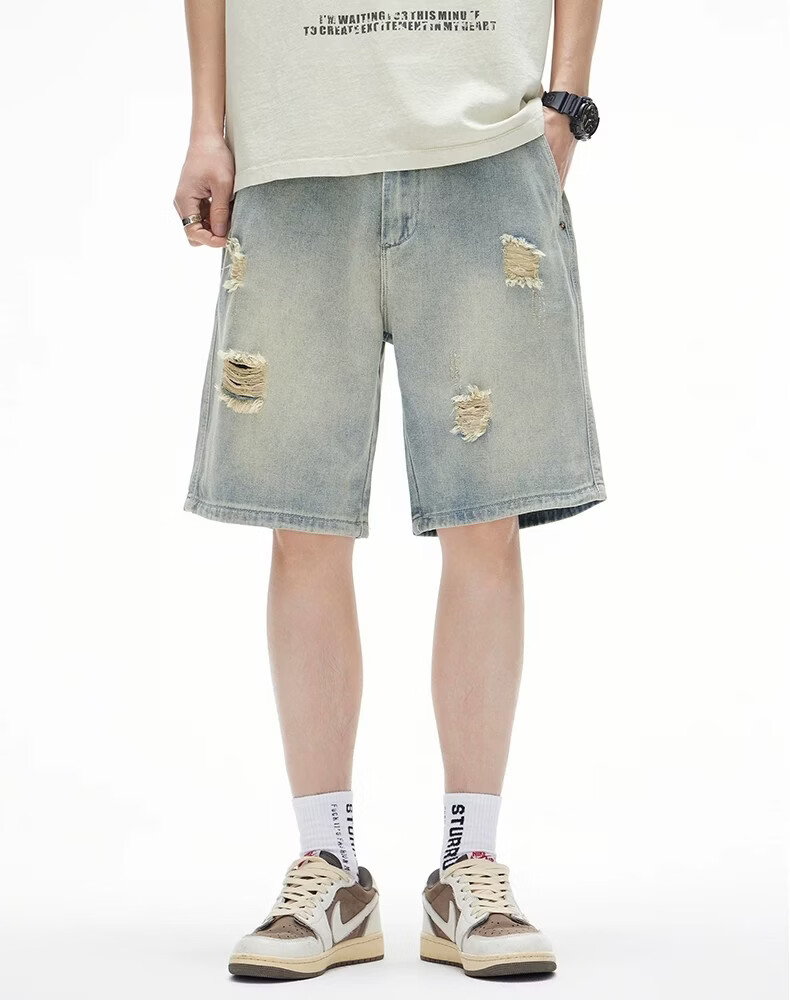 JEEP SPIRIT Men's Trendy Ripped Denim Shorts Vintage Washed American Style Casual Five-Point Pants 13