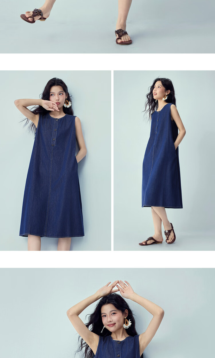 Giordano Women's Sleeveless Dress New Washed Stitching Round Neck Half-Placket Denim Vest Dress 13466278 17