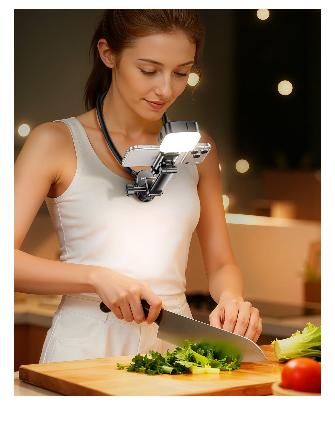 Philips Neck-hanging Phone Holder with Fill Light First-person View Shooting Accessory for Outdoor Fishing Live Streaming Cycling Vlog Tool Compatible with Apple and Android Devices 2335D 2