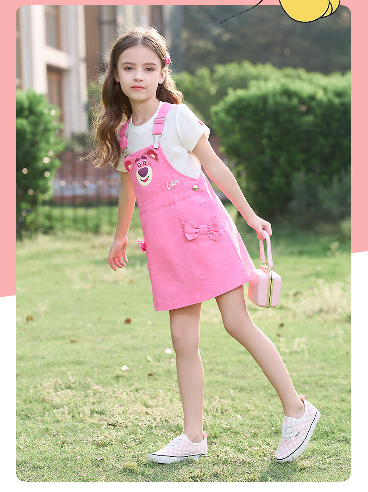 Disney Kids Girls Summer Outfit 2026 New Short Sleeve Strawberry Bear Suspender Dress Two-Piece Set for Older Children 14
